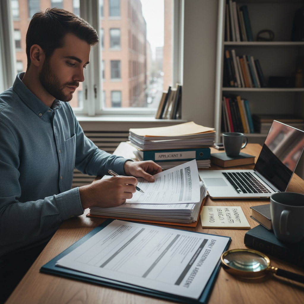 attachment; filename=Eine Person überprüft Bewerbungsunterlagen und betont die gründliche Vorbereitung, die erforderlich ist, um einen geeigneten Ersatzmieter im Rahmen der vorzeitigen Kündigung eines Mietvertrags zu finden.