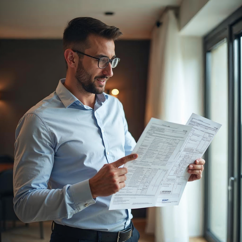 attachment; filename=Ein Mann vergleicht zwei Sätze von Finanzdokumenten und zeigt Unstimmigkeiten auf