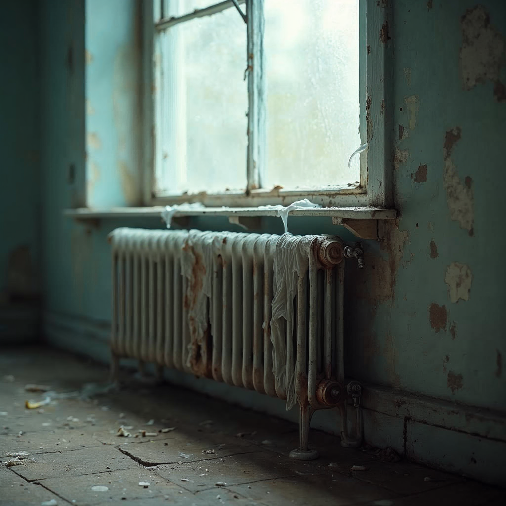 attachment; filename=Ein kinoreifer Schuss eines Heizkörpers in einem Raum mit deutlicher Kondensation an den Wänden, der die Auswirkungen unzureichender Heizung auf die Förderung von Schimmelwachstum veranschaulicht
