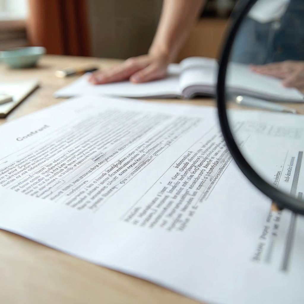 attachment; filename=Ein offener Vertrag liegt auf einem Tisch, mit einer Lupe, die auf den Abschnitt über Streichverpflichtungen beim Auszug gerichtet ist.