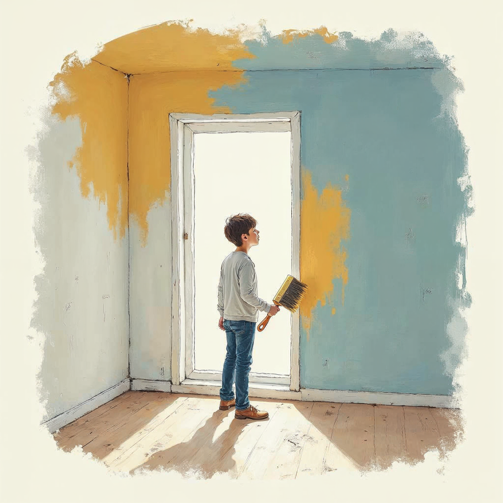 attachment; filename=Eine Person hält einen Pinsel, steht in einem halbgestrichenen Raum und überlegt, ob sie vor dem Auszug mit dem Streichen fertig werden soll.