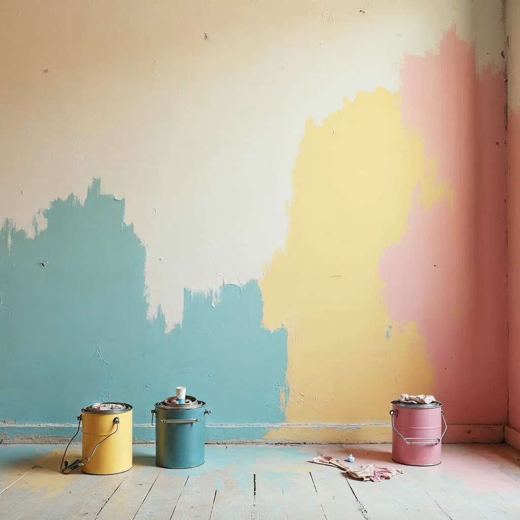 attachment; filename=Nicht zusammenpassende Wandfarben und umherliegende Farbdosen verdeutlichen den Begriff übermäßiges Streichen, das zu Streitigkeiten zwischen Mietern und Vermietern führen kann.