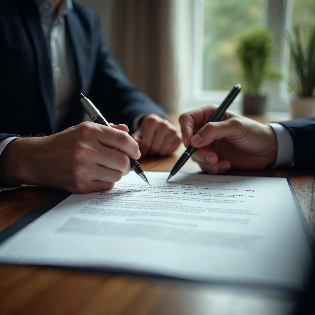 attachment; filename=Cinematische Aufnahme eines Vertrags, der zwischen einem Vermieter und Mieter unterzeichnet wird, symbolisiert die Vereinbarung über einen Staffelmietvertrag