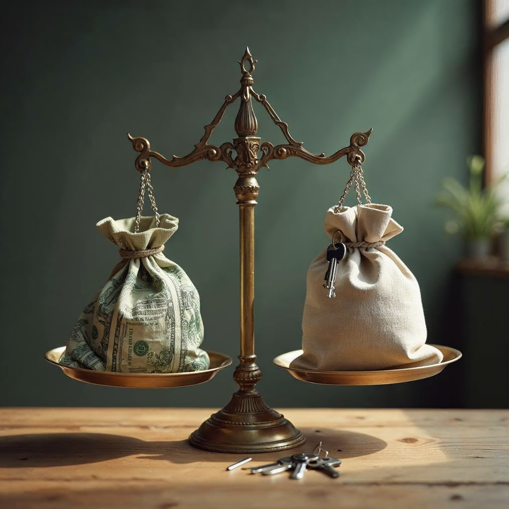 attachment; filename=Cinematische Aufnahme einer Waage, die Geldsäcke und Wohnungsschlüssel ausgleicht, veranschaulicht die Vor- und Nachteile der Staffelmiete sowohl für Vermieter als auch Mieter