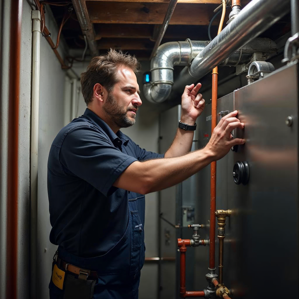 attachment; filename=Ein realistisches redaktionelles Bild, das einen Wartungsarbeiter zeigt, der ein Heizungssystem in einem Keller-Technikraum inspiziert