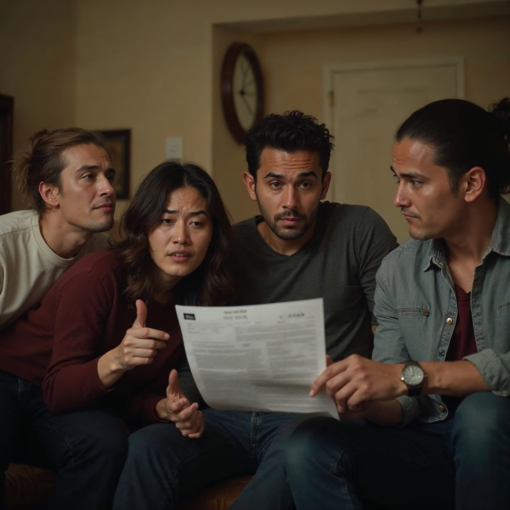 attachment; filename=Eine kinoreife redaktionelle Aufnahme einer Gruppe von Mietern, die gemeinsam verwirrt ihre Nebenkostenabrechnung im Wohnzimmer überprüfen