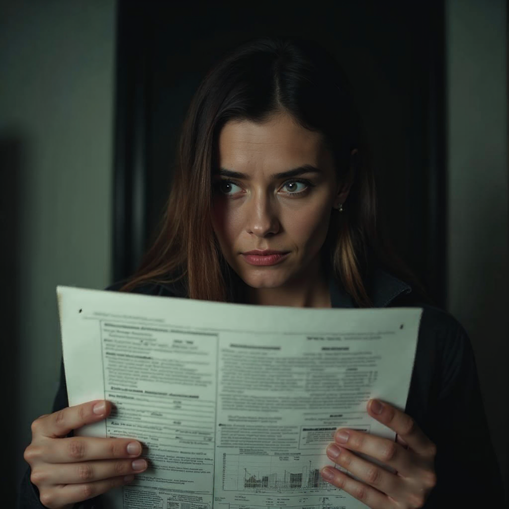 attachment; filename=Ein kinoreifes und realistisches redaktionelles Foto einer Frau, die mit einem nachdenklichen Gesichtsausdruck ein detailliertes Finanzdokument prüft