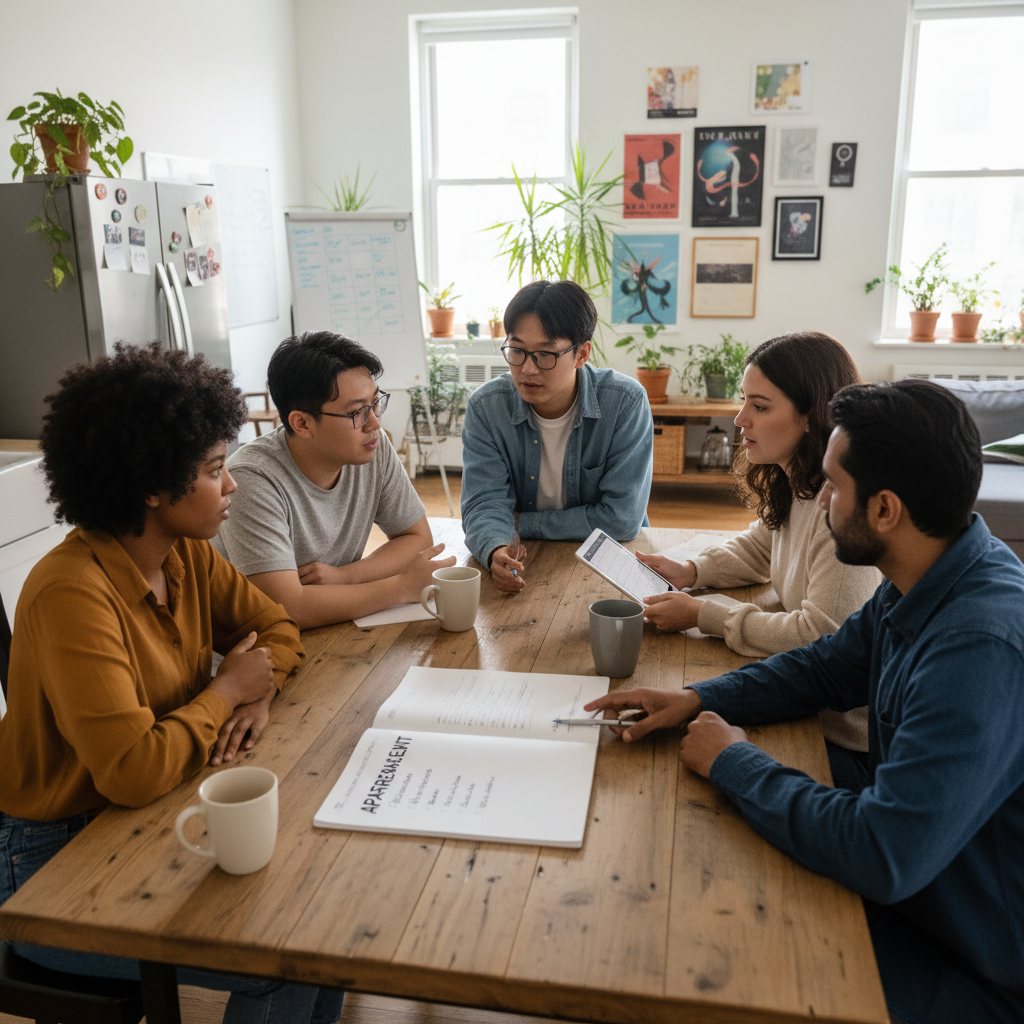 attachment; filename=Ein realistisches redaktionelles Bild einer vielfältigen Gruppe von Mitbewohnern, die am Küchentisch über Wohnungsregeln und Verantwortlichkeiten diskutieren.