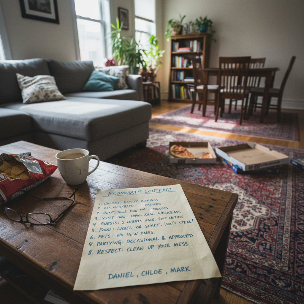 attachment; filename=Ein filmisches, aber praktisches Foto eines handgeschriebenen internen Mitbewohnervertrags, der auf einem Couchtisch mit gemeinsamem Wohnraum im Hintergrund ausgelegt ist.