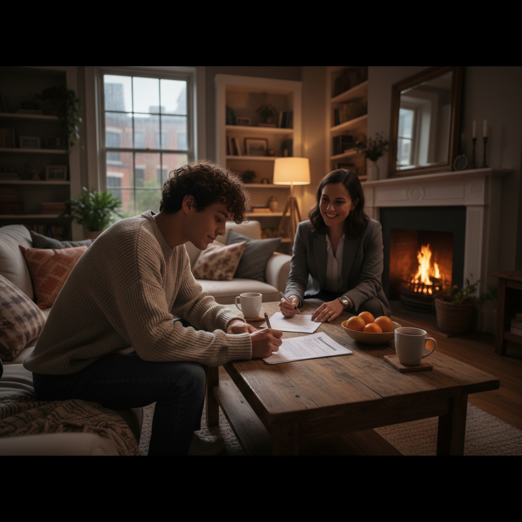 attachment; filename=Ein filmisches Foto eines jungen Erwachsenen, der in einem gemütlichen Wohnzimmer einen Mietvertrag unterschreibt.