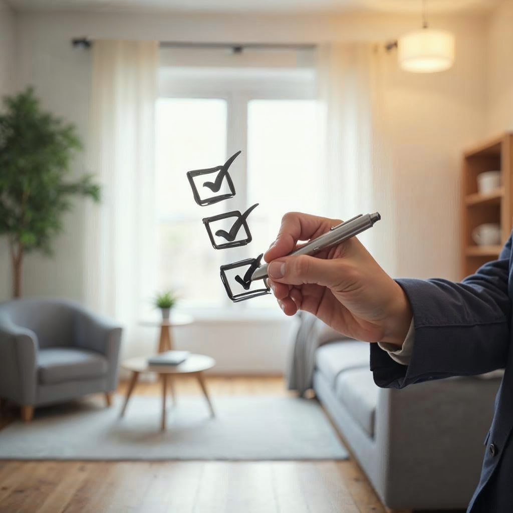 attachment; filename=Eine Checkliste wird in einem gut beleuchteten Raum abgehakt, symbolisiert den organisierten Ansatz für eine erfolgreiche Übergabe einer Mietimmobilie