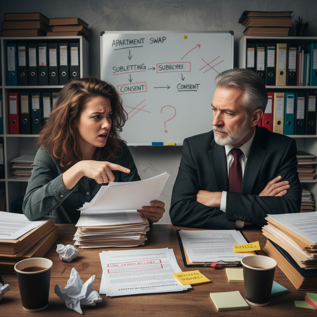 attachment; filename=Frustrierter Mieter diskutiert mit Vermieter über rechtliche Komplexitäten von Wohnungstausch, zeigt Herausforderungen der Erlaubnisbeschaffung.