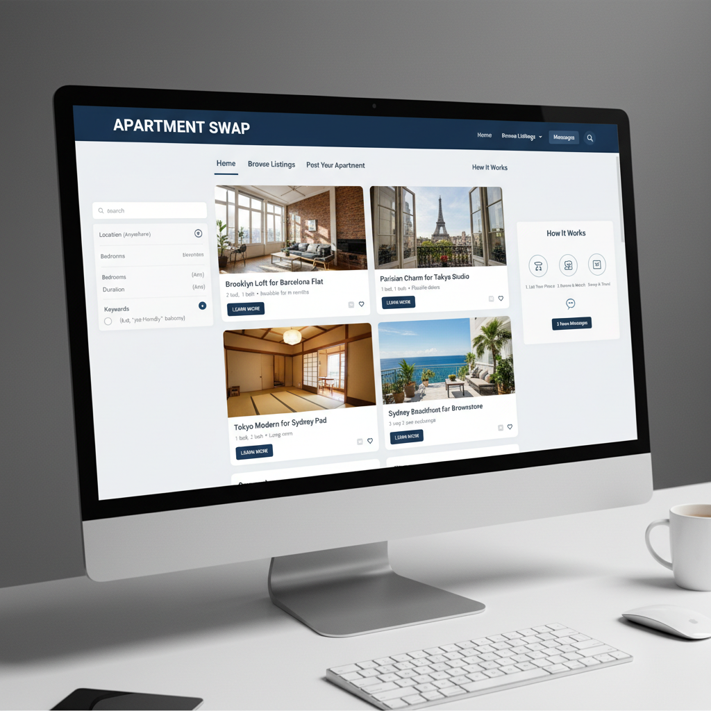 attachment; filename=Online-Plattform-Oberfläche zeigt verschiedene Wohnungsangebote für Tausch, betont modernen Ansatz beim Finden von Tauschwohnungen durch digitale Hilfsmittel.