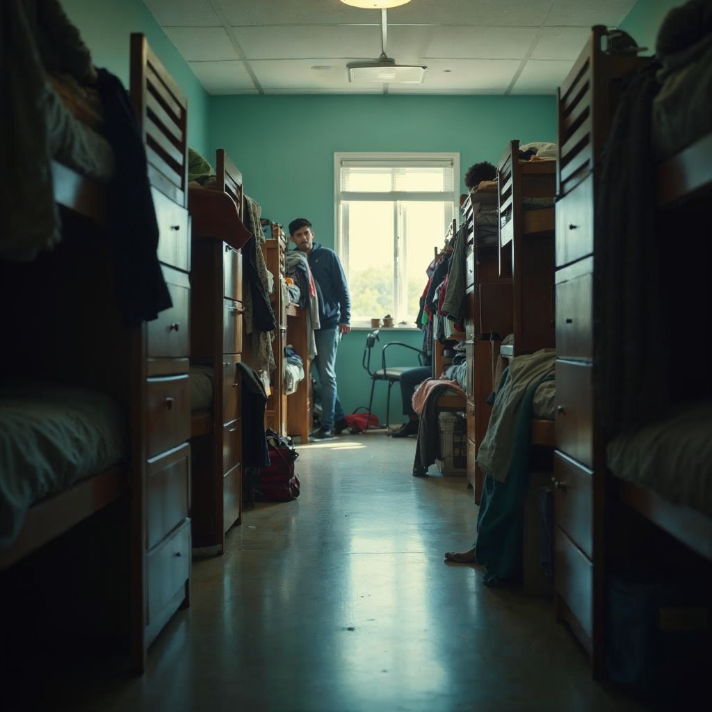 attachment; filename=Ein cineastisches, realistisches redaktionelles Foto eines überfüllten Studenten-Wohnheims mit begrenztem persönlichem Raum und Gemeinschaftseinrichtungen, das die Herausforderungen bei der Sicherung eines Platzes in einem Studentenwohnheim darstellt.