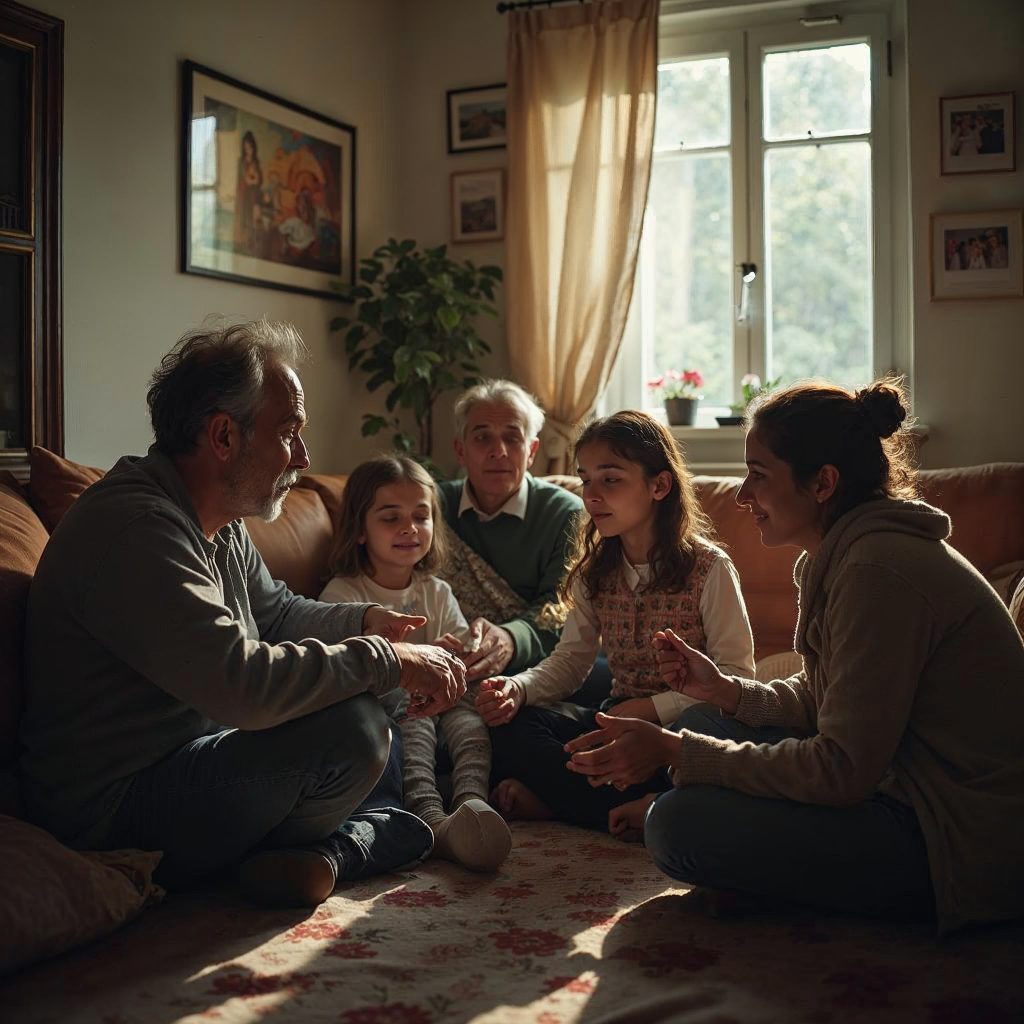 attachment; filename=Ein cineastisches, realistisches redaktionelles Foto einer vielfältigen Gruppe von Personen, die in einer 'Wohnen gegen Hilfe'-Vereinbarung oder einem Mehrgenerationenhaus zusammenleben, hebt unkonventionelle Wohnlösungen und die Förderung generationsübergreifender Beziehungen hervor.