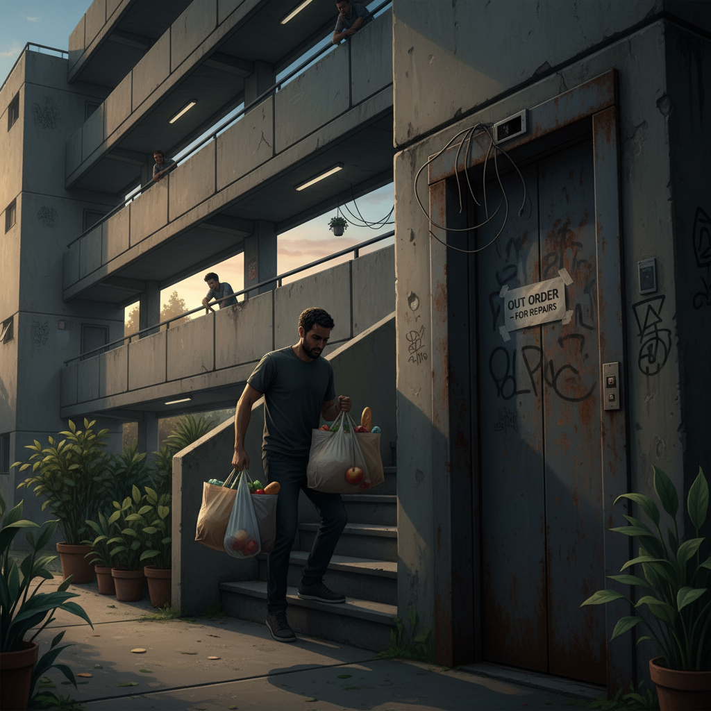 attachment; filename=Eine Person trägt schwere Einkaufstüten die Treppe hoch neben einem defekten Aufzug, was die Unannehmlichkeit für Mieter in den oberen Stockwerken darstellt.