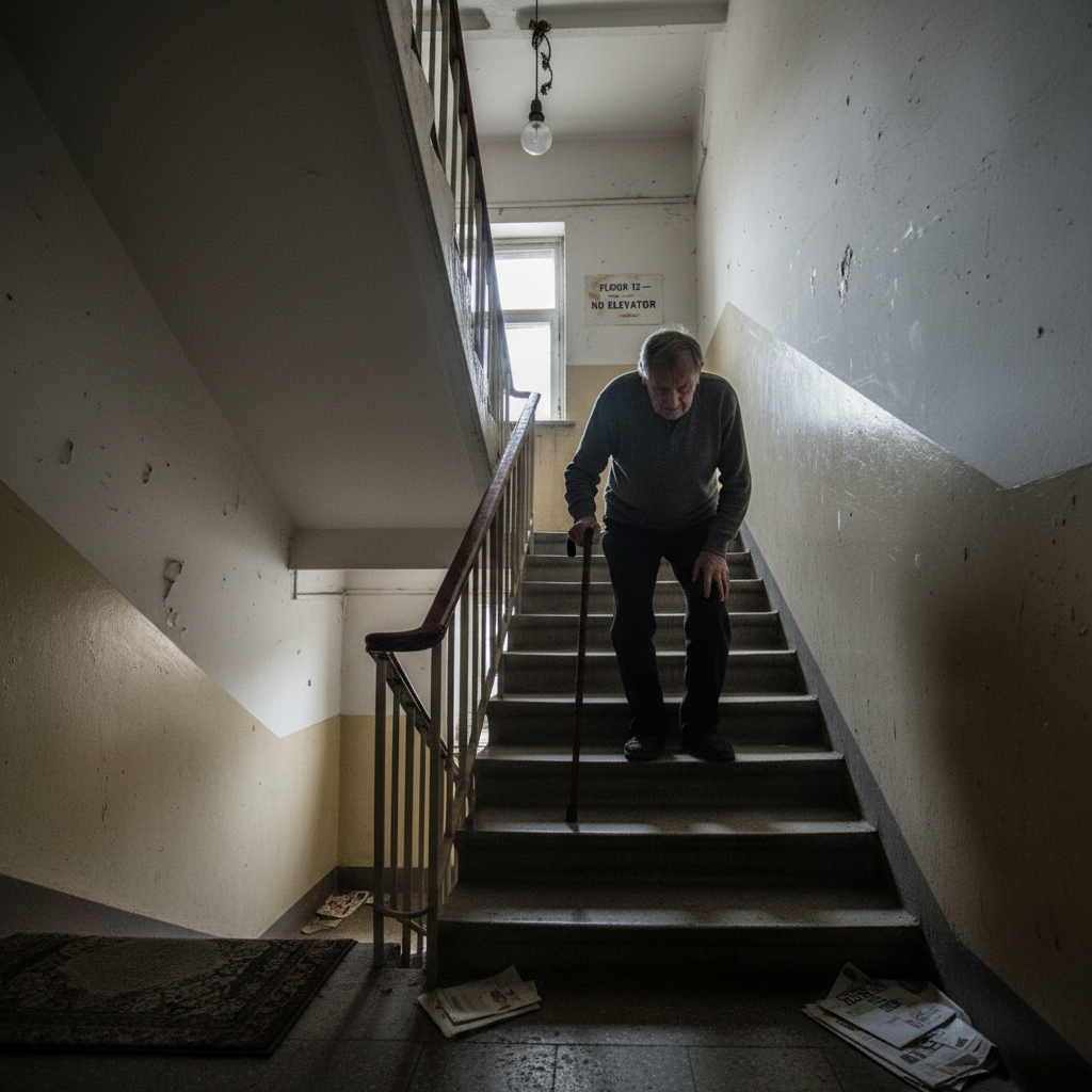 attachment; filename=Eine ältere Person hat Schwierigkeiten, in einem schlecht beleuchteten Treppenhaus in einem hohen Gebäude ohne Aufzug die Treppen zu steigen, was die Zugänglichkeitsprobleme für Bewohner in den oberen Stockwerken hervorhebt.