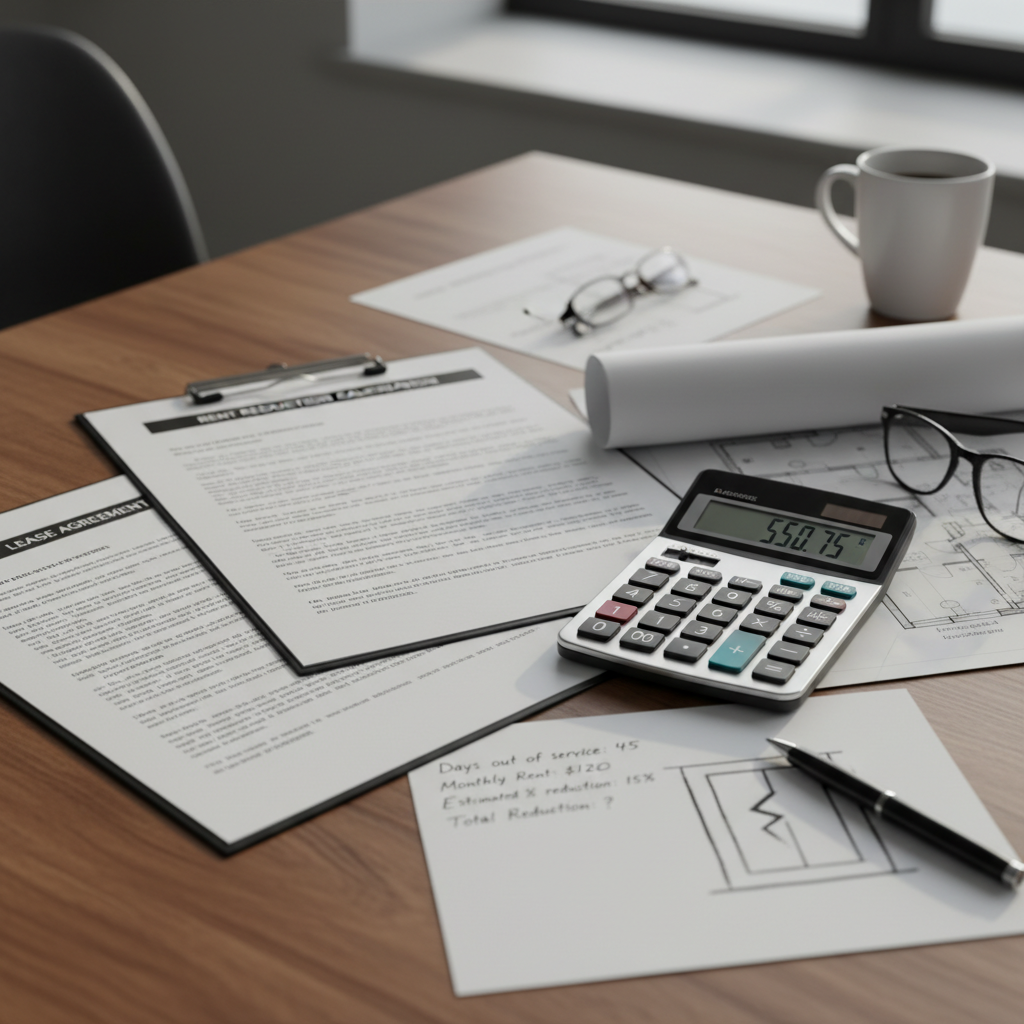 attachment; filename=Auf einem Tisch sind Rechtsdokumente und ein Taschenrechner abgebildet, was die Berechnung und Dokumentation für die Festlegung einer angemessenen Mietminderung aufgrund eines defekten Aufzugs darstellt.