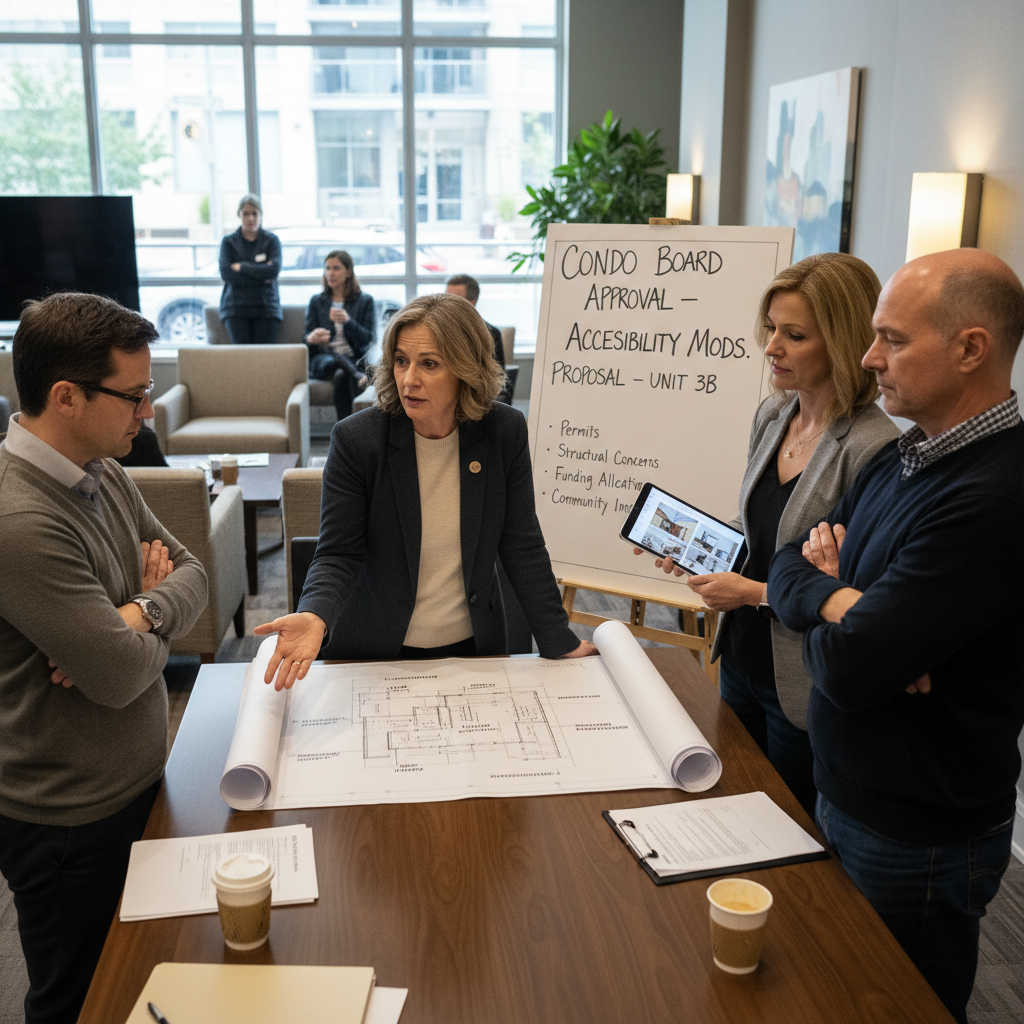 attachment; filename=Foto eines Hausbesitzers, der mit anderen Wohnungseigentümern in einem Mehrfamilienhaus über Renovierungspläne spricht, betont die Komplexität der Genehmigung für Barrierefreiheitsänderungen