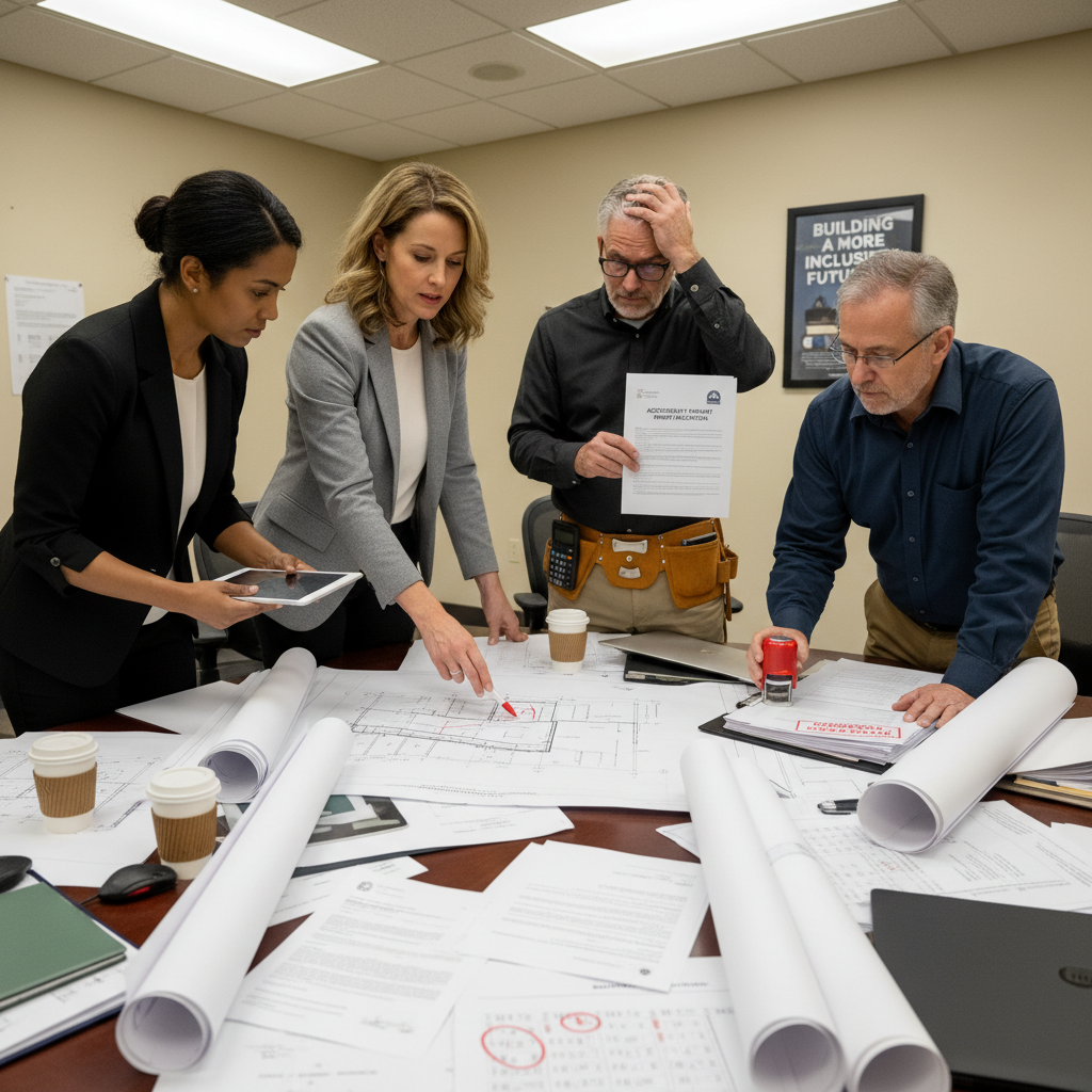 attachment; filename=Eine redaktionelle Fotografie, die Architekten und Ingenieure zeigt, wie sie Baupläne und Dokumente für ein barrierefreies Renovierungsprojekt prüfen, veranschaulicht den bürokratischen Genehmigungsprozess