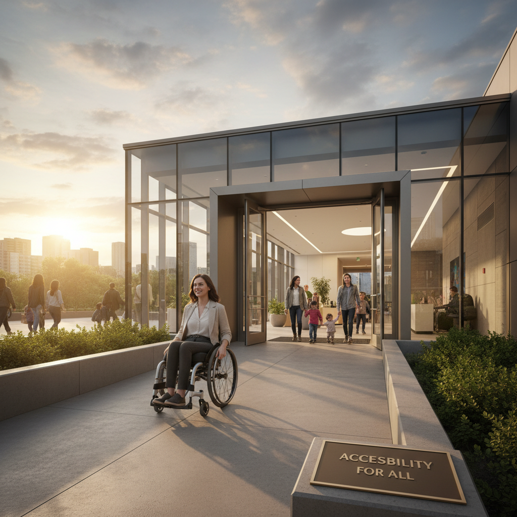 attachment; filename=Fotografie eines Rollstuhlfahrers, der problemlos auf eine Rampe zugreift und breite Türen betritt, symbolisiert Zugänglichkeit für alle