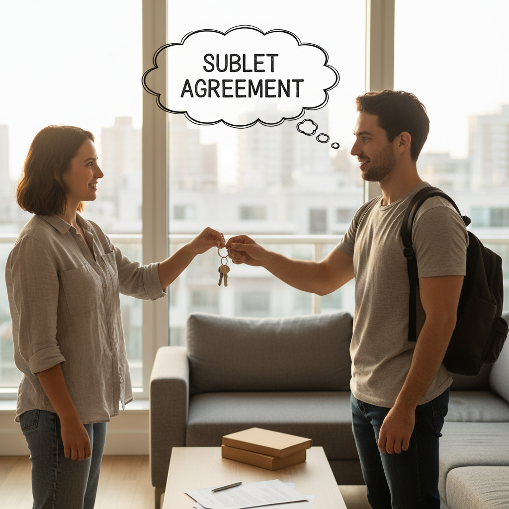 attachment; filename=Eine Person übergibt Schlüssel an eine andere Person in einer Wohnung, was auf eine potenzielle Untervermietung hinweist