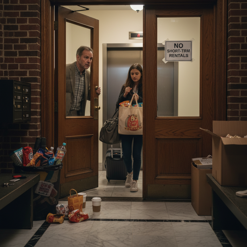 attachment; filename=Vermieter wirkt besorgt, während er einen Besucher beobachtet, der ein Mehrfamilienhaus betritt und Anzeichen für häufige Besuchsaktivitäten bemerkt