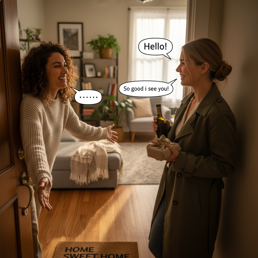 attachment; filename=Eine Frau empfängt einen Freund an der Tür ihrer Wohnung, tauscht lächelnde Begrüßungen aus