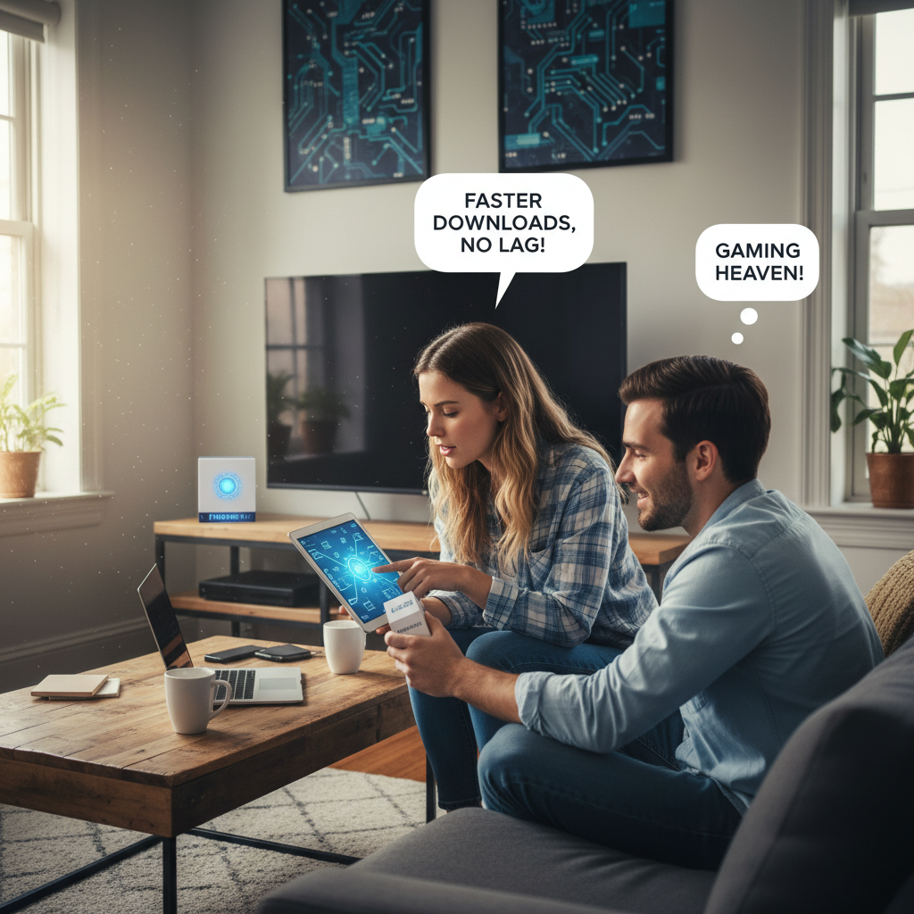 attachment; filename=Zwei Personen in einer Wohnung diskutieren über die Vorteile einer Glasfaseranbindung für ihre High-Speed-Internetbedürfnisse