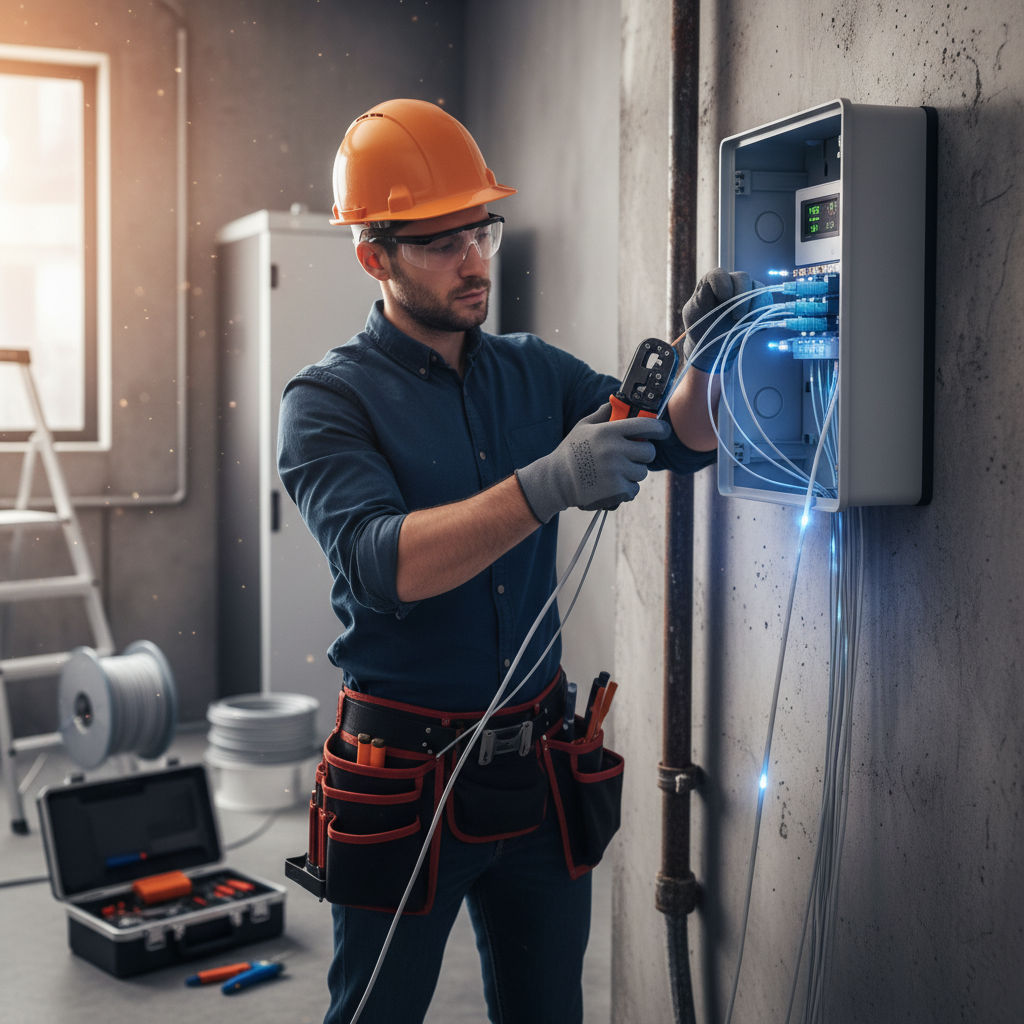 attachment; filename=Nahaufnahme eines Technikers, der Glasfaserkabel in einem Wohngebäude installiert und den Modernisierungsprozess hervorhebt