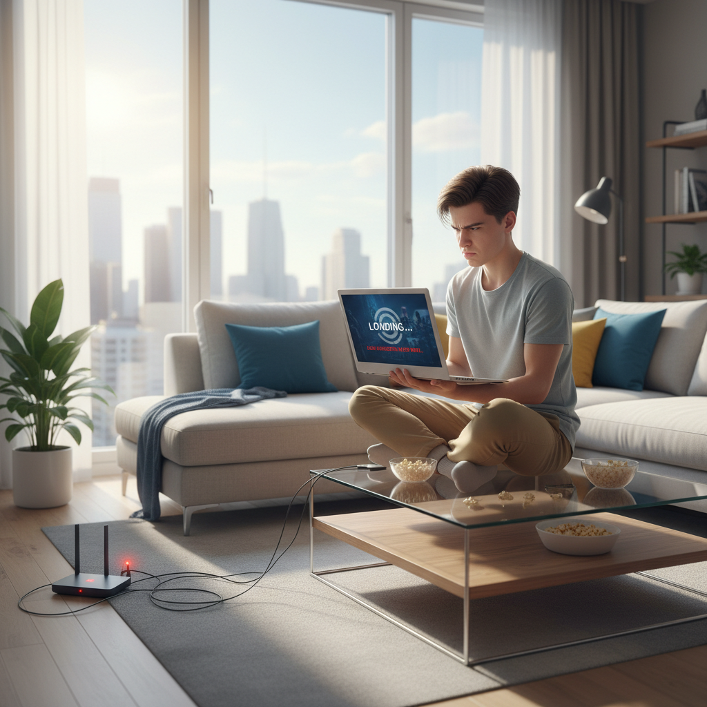 attachment; filename=Heller, moderner Wohnraum mit einer Person, die auf einem Laptop einen Film streamt und über langsame Ladezeiten frustriert ist