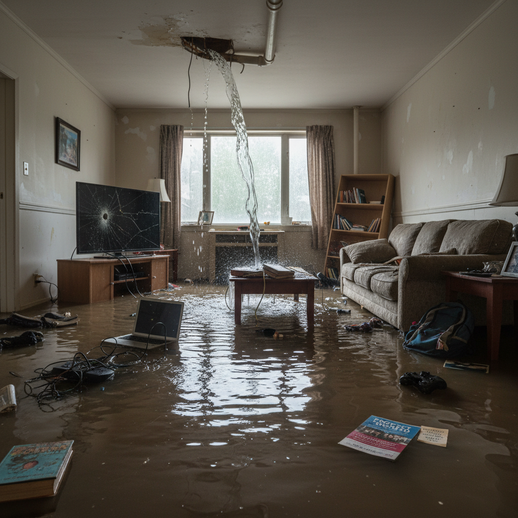 attachment; filename=Ein realistisches redaktionelles Bild einer überfluteten Wohnung aufgrund eines geplatzten Rohrs, das beschädigte Möbel, Elektronik und Bücher zeigt und die Notwendigkeit für Mieter unterstreicht, eine eigene Versicherung zu haben.