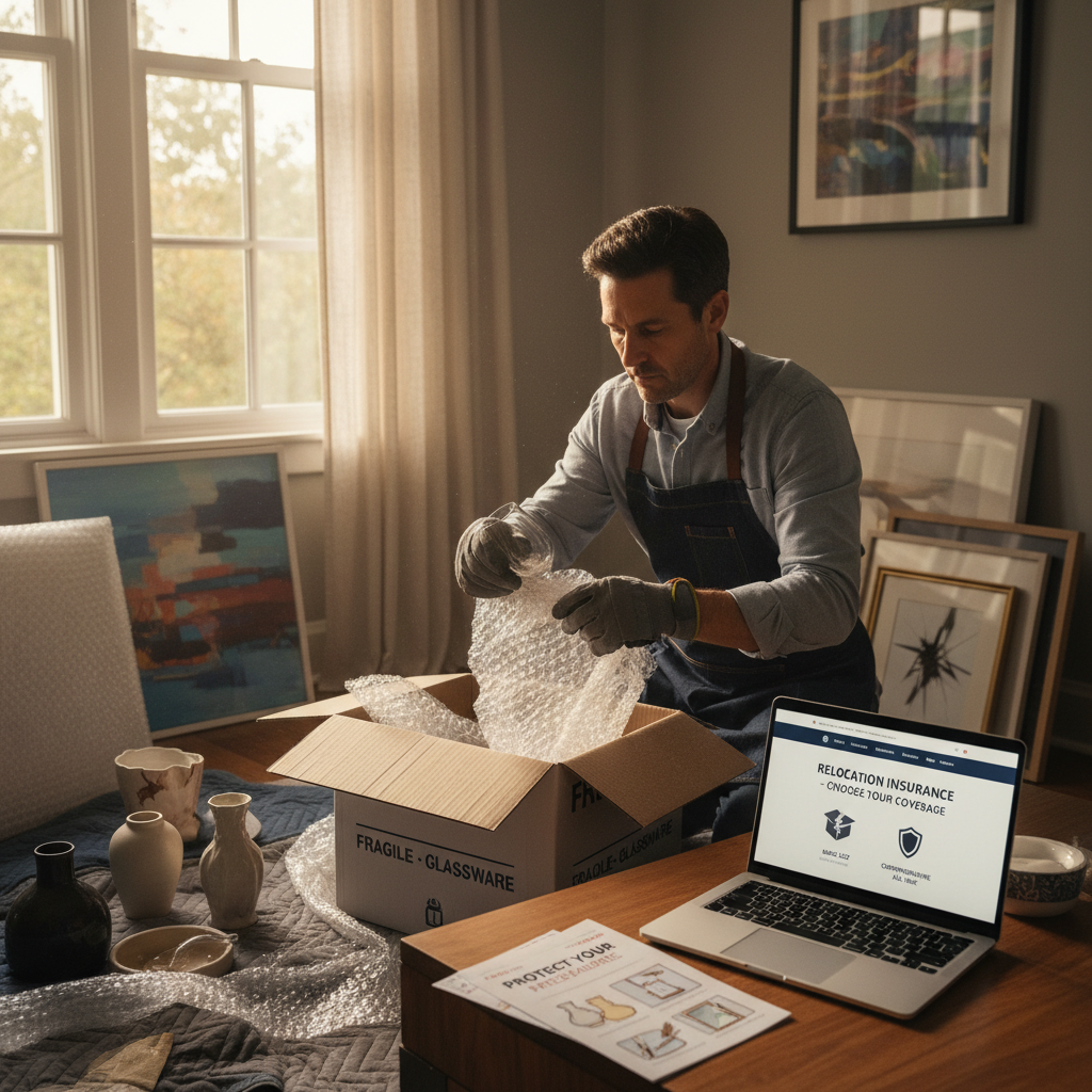 attachment; filename=Ein cineastisches Foto einer Person beim vorsichtigen Verpacken und Umzug von zerbrechlichen Gegenständen wie Glasware und Kunstwerken, das die Bedeutung der Auswahl der richtigen Versicherungsdeckung für Umzüge und Transporte betont.