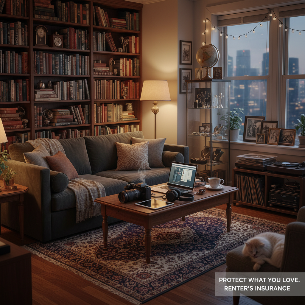 attachment; filename=Ein cineastisches Foto eines gemütlichen Apartment-Innenraums mit wertvollen Gegenständen wie Büchern, Technologie und Erbstücken, das die Wichtigkeit einer Hausratversicherung für Mieter darstellt.