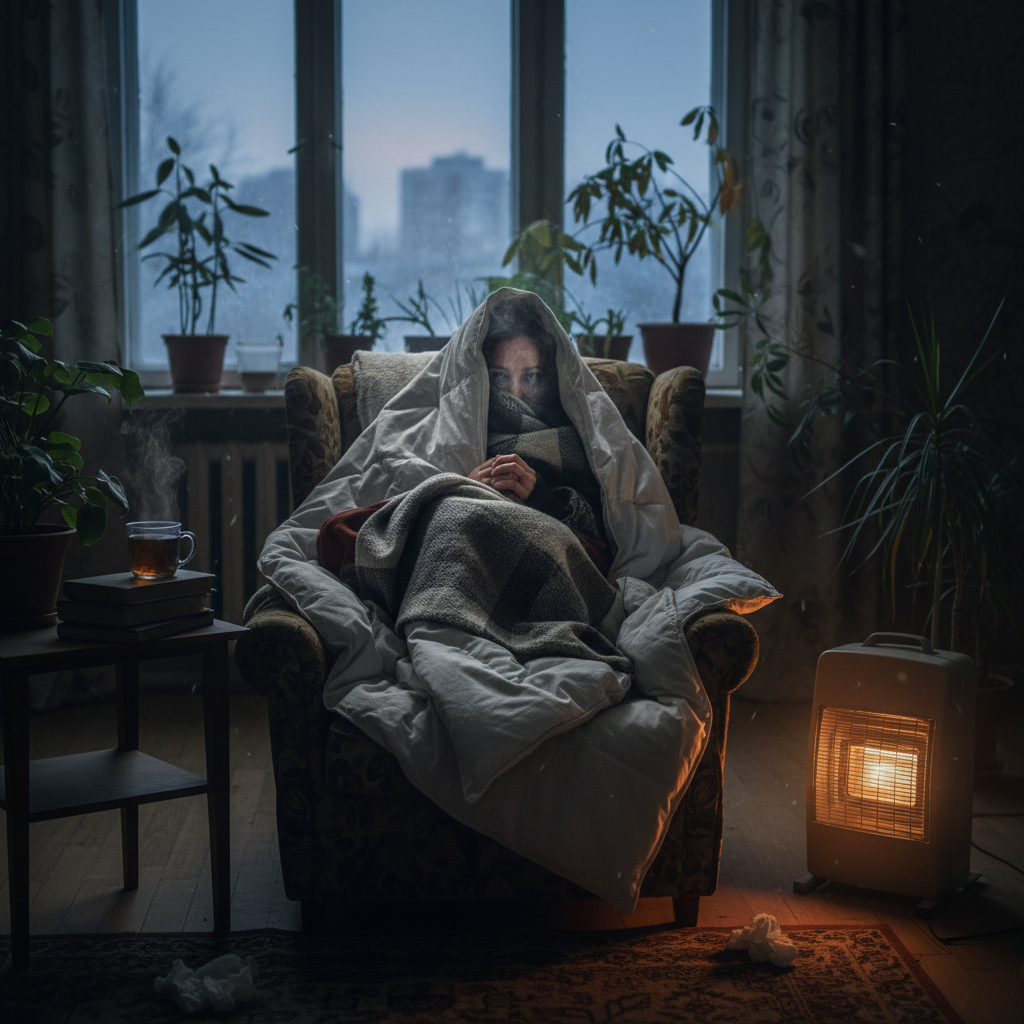 attachment; filename=Atmosphärisches Foto, das eine Person zeigt, die in Decken eingewickelt ist, aufgrund der kalten Innentemperatur