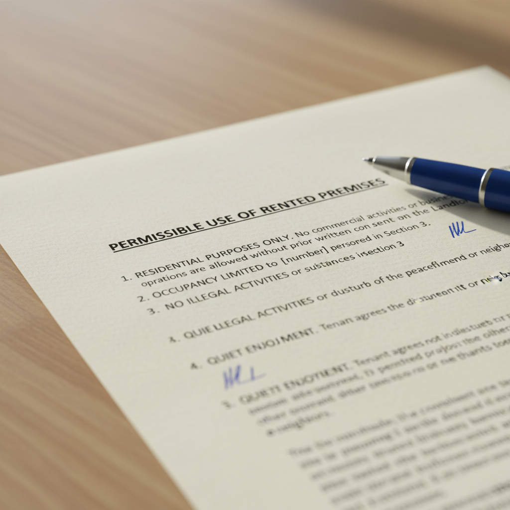 attachment; filename=Eine Nahaufnahme eines Mietvertragsdokuments, das sich auf den Abschnitt über die zulässige Nutzung des gemieteten Raums konzentriert