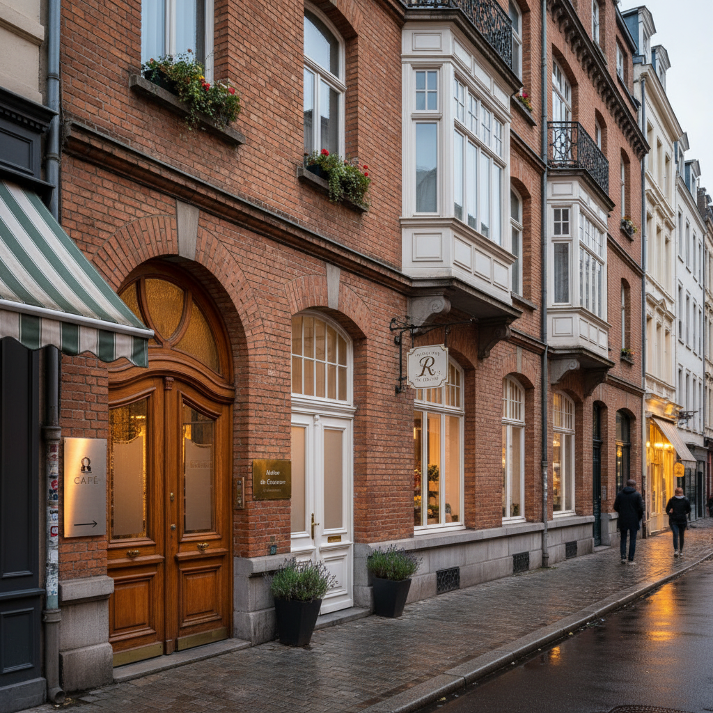 attachment; filename=Eine Außenaufnahme eines Wohngebäudes mit subtilen Anzeichen für gewerbliche Aktivitäten wie Beschilderung und separaten Eingang