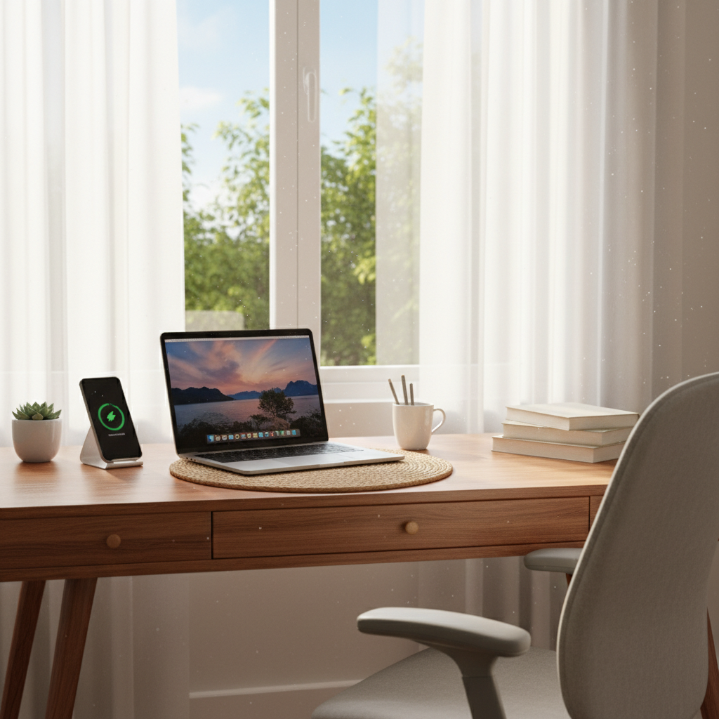 attachment; filename=Ruhekissen Home-Office-Arbeitsplatz mit Laptop, Telefon und Schreibtisch Accessoires, beleuchtet von natürlichem Licht