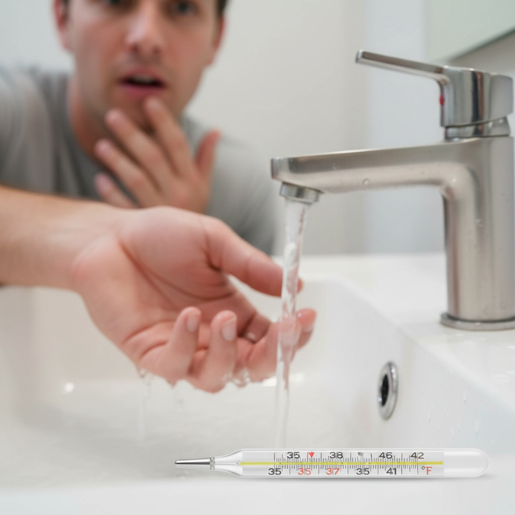 attachment; filename=Nahaufnahme eines Thermometers mit niedriger Temperaturanzeige und einer Person, die das lauwarme Wasser aus einem Wasserhahn berührt.