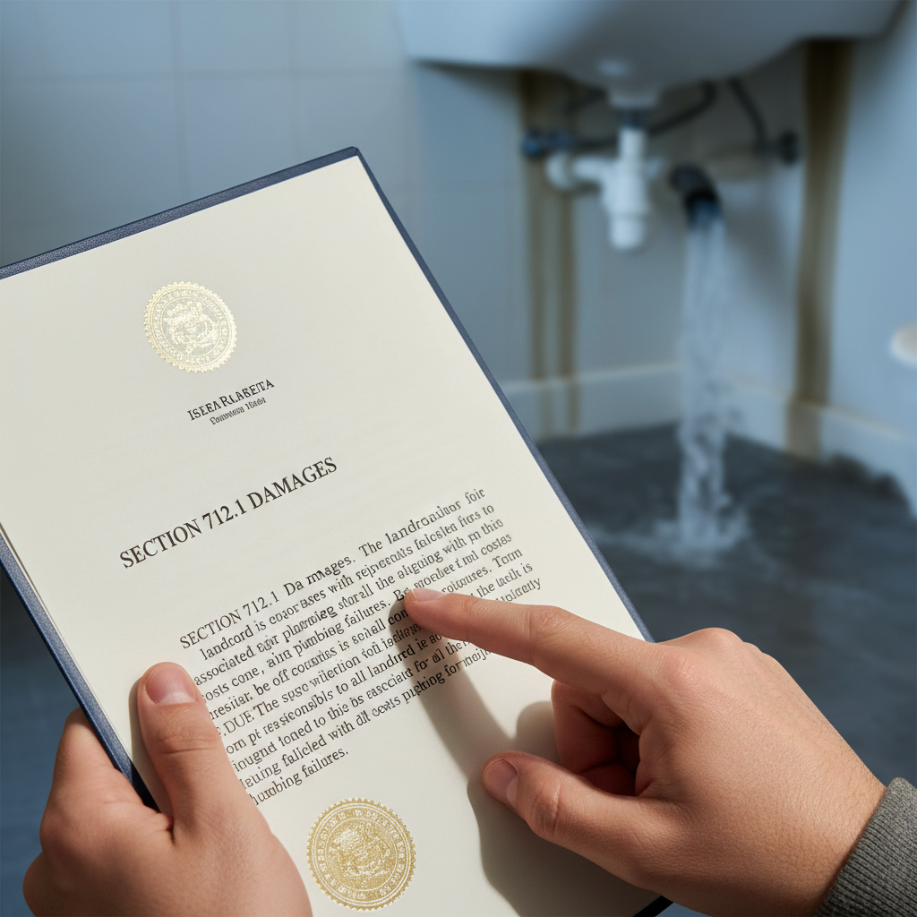 attachment; filename=Eine Person hält ein Dokument und zeigt auf einen rechtlichen Text, während im Hintergrund ein unscharfes Bild eines Sanitärproblems zu sehen ist.