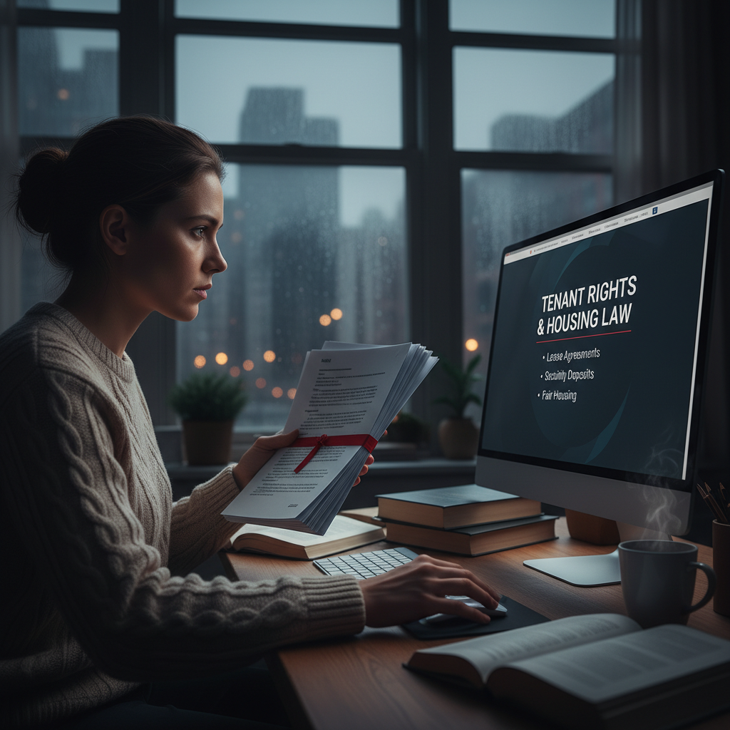 attachment; filename=Filmfoto einer Person, die Rechtsdokumente hält und auf einem Computerbildschirm nach Informationen zu Mieterrechten sucht