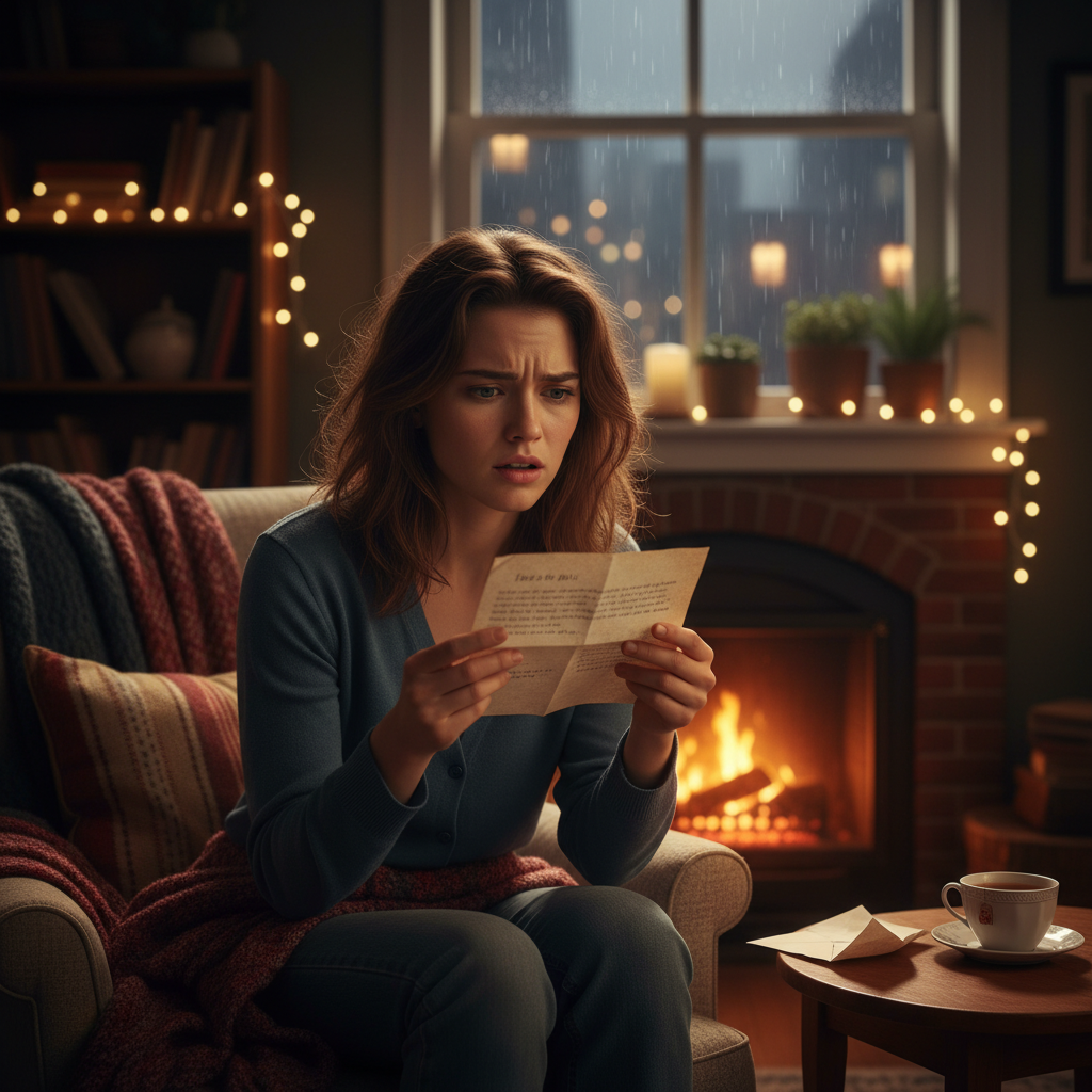 attachment; filename=Filmfoto einer Person, die einen Brief in einer gemütlichen Wohnung liest und Besorgnis und Verwirrung zeigt