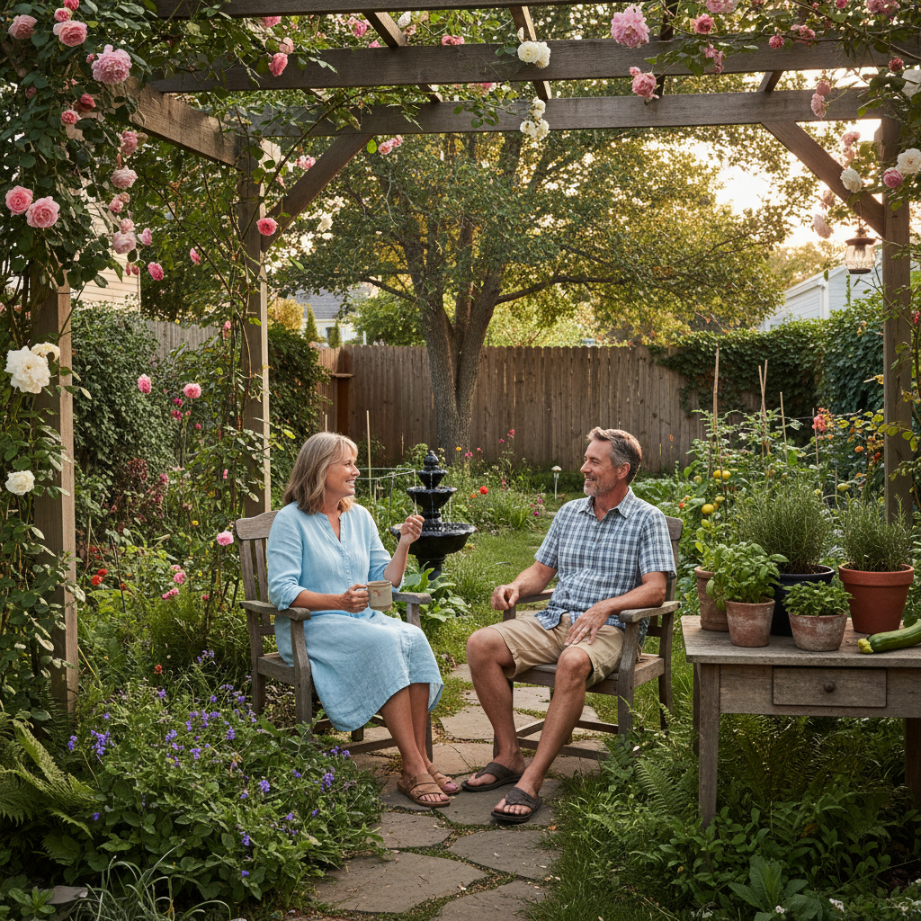 attachment; filename=Nachbarn führen ein ruhiges Gespräch im gemeinsamen Hinterhof, umgeben von viel Grün