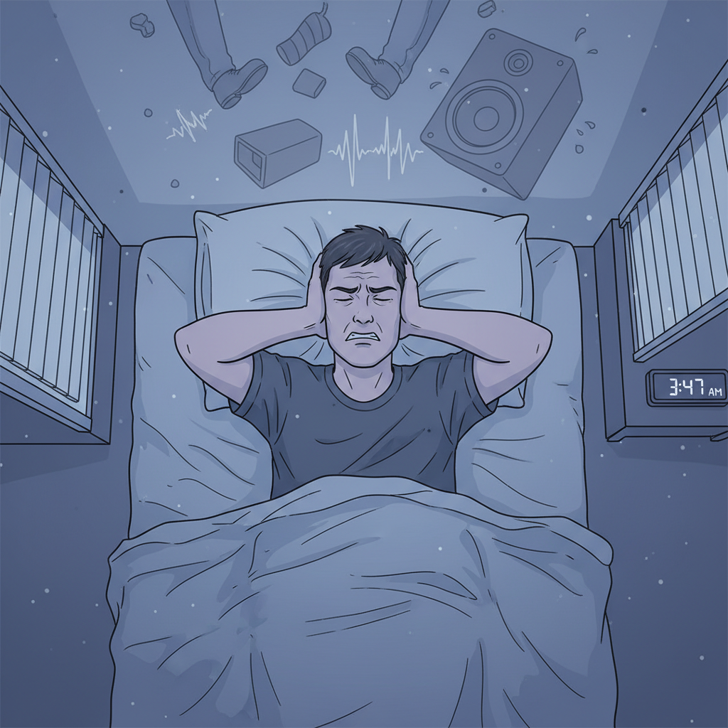 attachment; filename=Ein frustrierter Nachbar versucht zu schlafen, die Hände über den Ohren, gestört durch laute Geräusche von oben