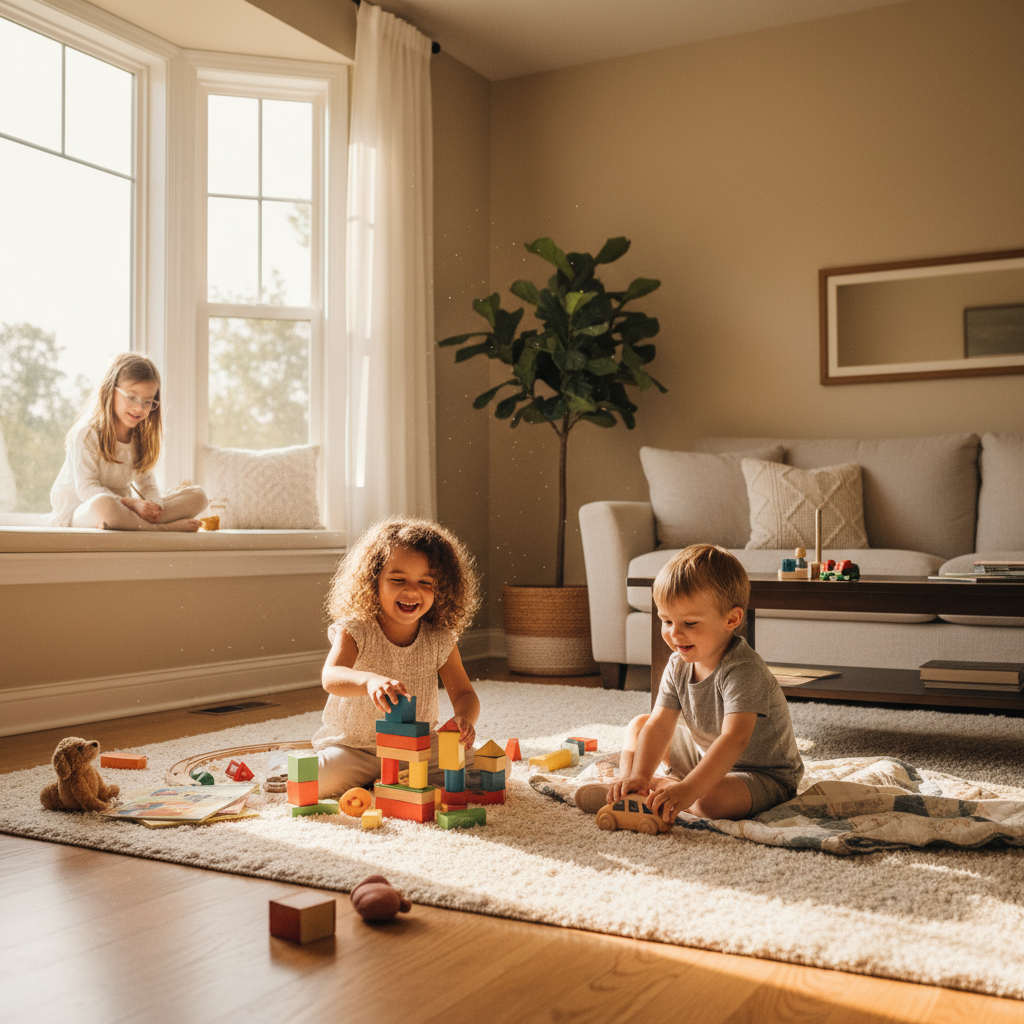 attachment; filename=Kinder spielen fröhlich im Wohnzimmer, natürliches Licht strömt durch das Fenster