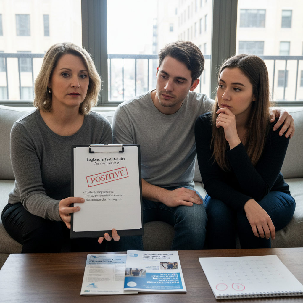 attachment; filename=Eine redaktionelle Fotografie eines Vermieters, der Mieter über die Ergebnisse der Legionellenprüfung informiert und potenzielle Maßnahmen bespricht.