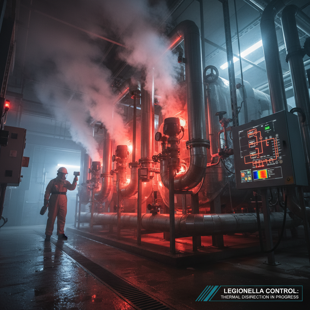 attachment; filename=Ein filmreifes Bild, das den Prozess der thermischen Desinfektion in einem Wassersystem zur Bekämpfung von Legionellenbakterien veranschaulicht.