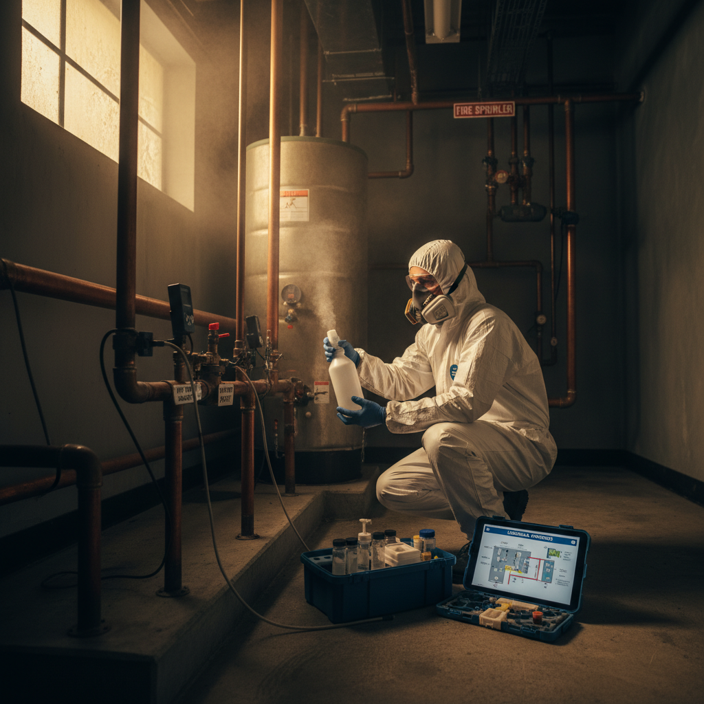 attachment; filename=Ein filmreifes Bild eines Profis, der Wasserproben aus einem Warmwassersystem in einem Mehrfamilienhaus zur Legionellenprüfung entnimmt.