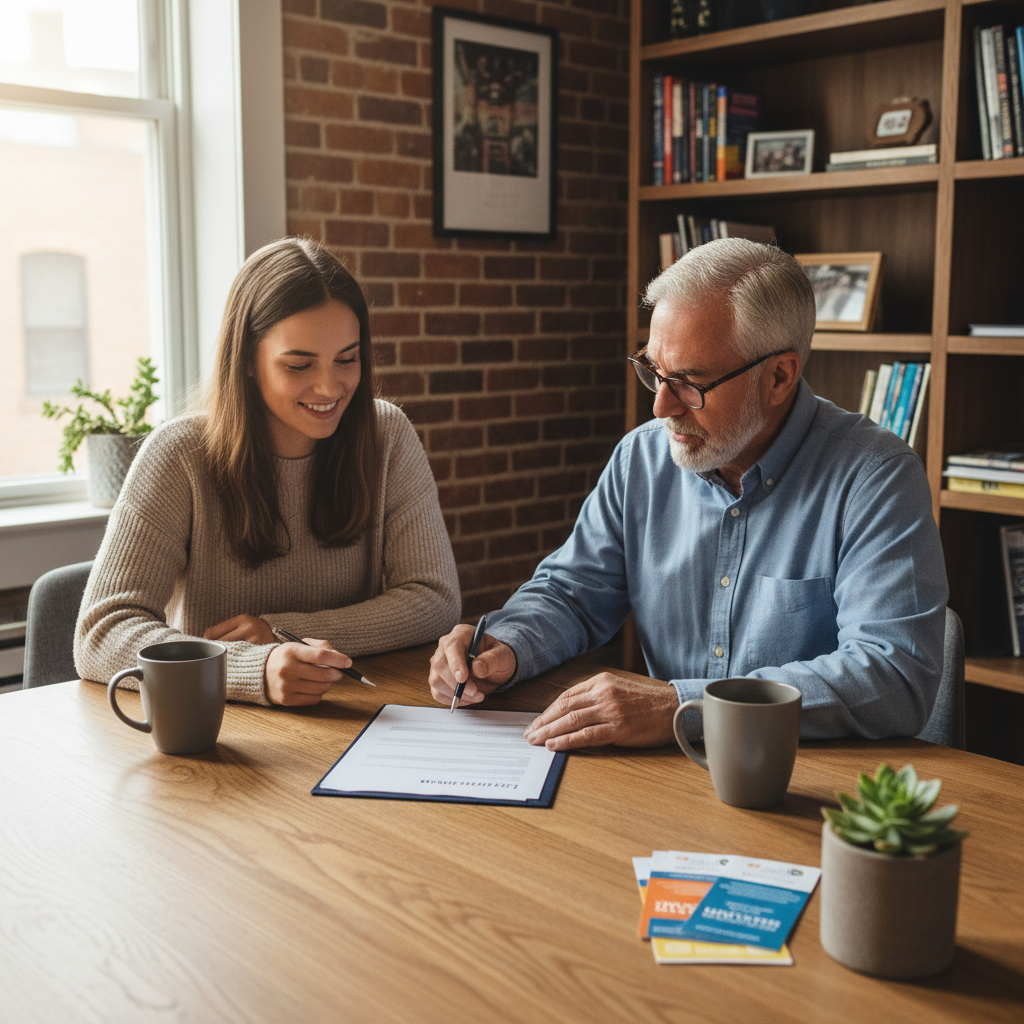 attachment; filename=Mieter und Vermieter sitzen zusammen an einem Tisch und unterzeichnen ein Dokument