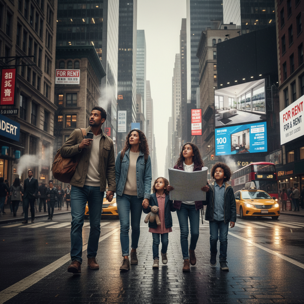 attachment; filename=Eine filmische redaktionelle Fotografie einer Familie mit drei Kindern auf der Suche nach einer Wohnung in einer geschäftigen Stadt